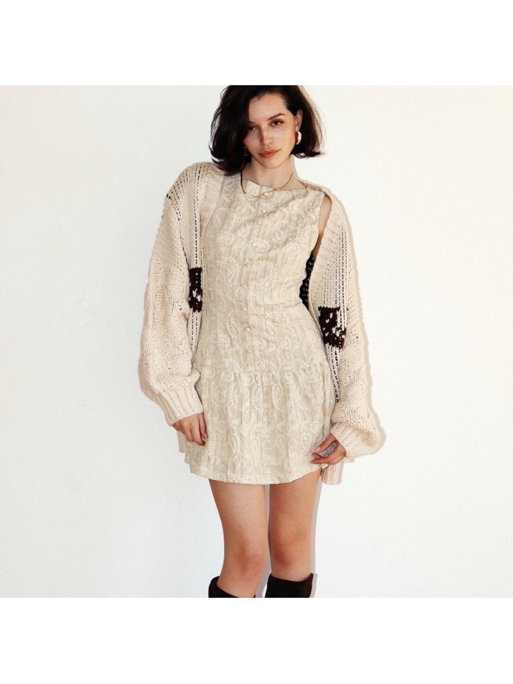 REVOLVE Cream Open-Knit Cardigan with Black Horse Motif - Picture 3 of 6